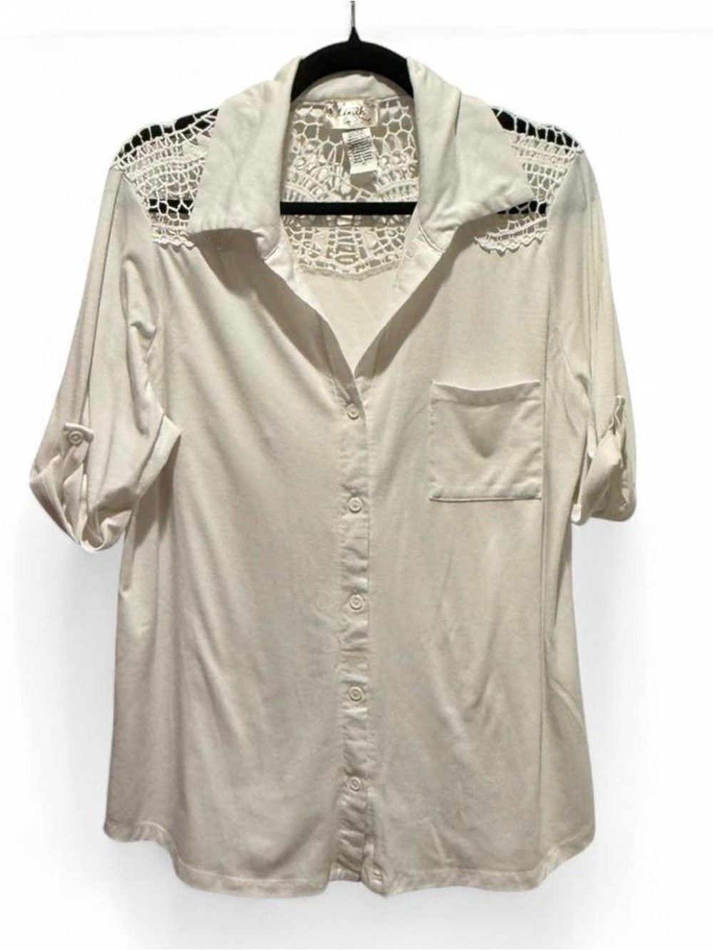 Lavish Cream Button-Down Top with Crochet Yoke